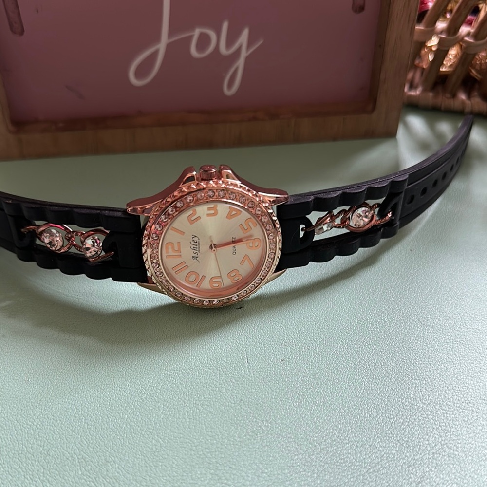 Ashley Princess Black and Rose Gold Women's Watch NWOT